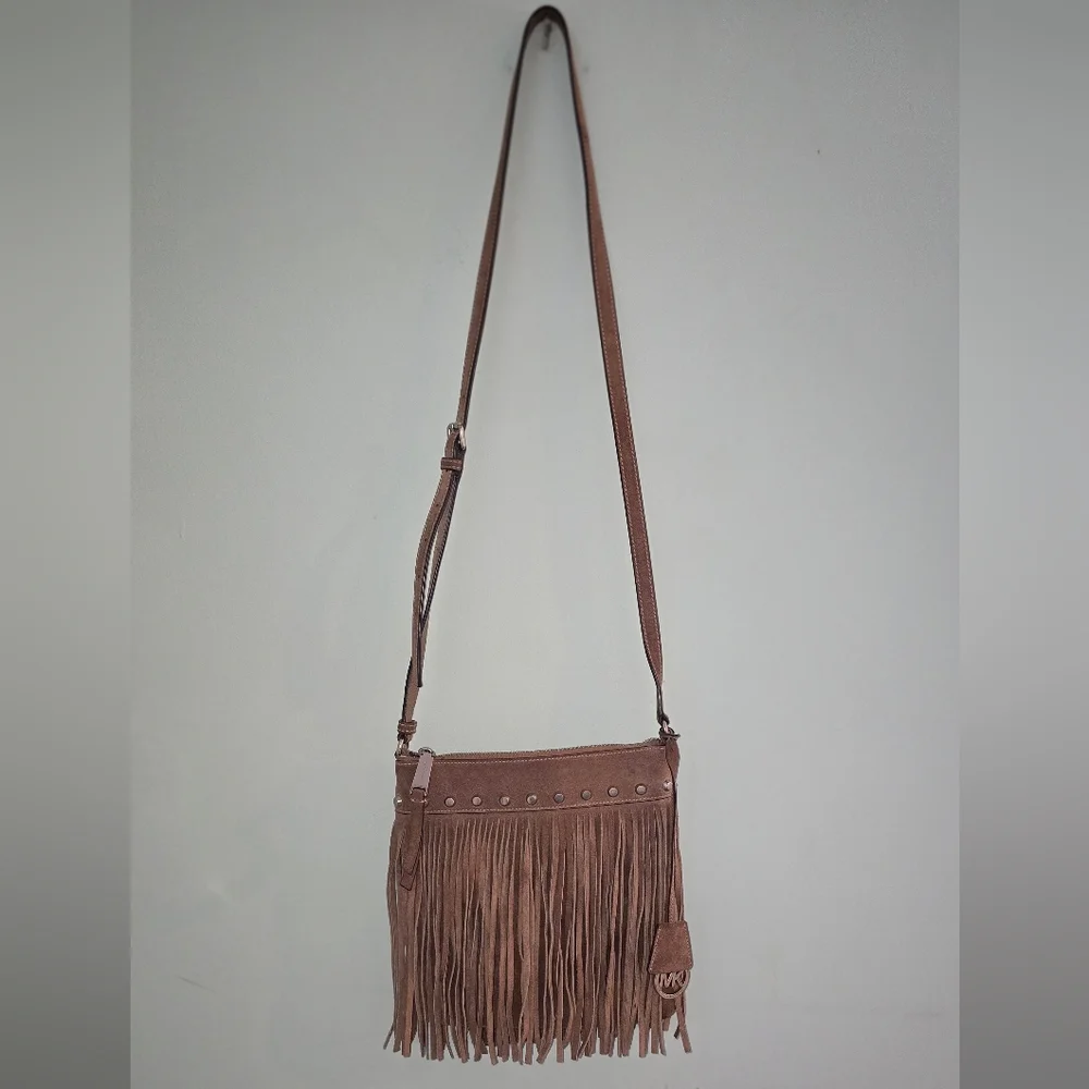 Michael Kors Billy Dark Dune Soft Brown Suede Fringe Shoulder Crossbody Bag - Picture 1 of 8